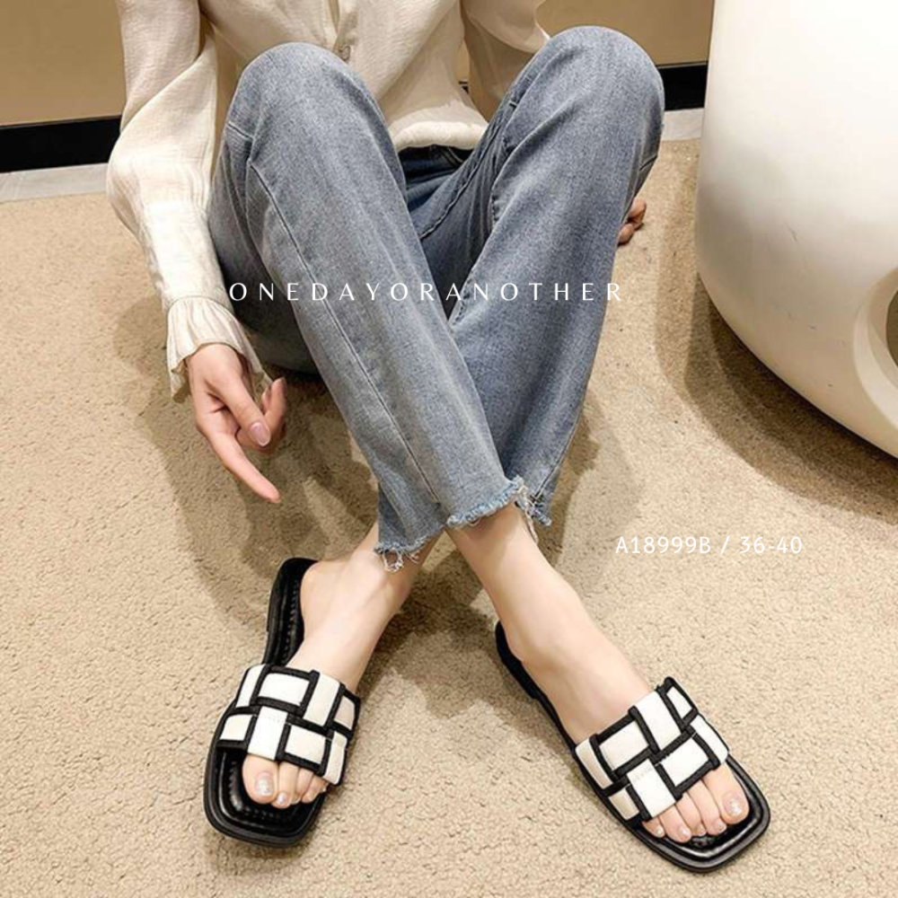CP值超高👍韓版方頭格子黑白滾邊 軟底方頭 編織拖鞋 涼拖鞋 平底低跟 線條 時尚百搭 休閒拖鞋 低跟涼拖鞋 999B-細節圖2