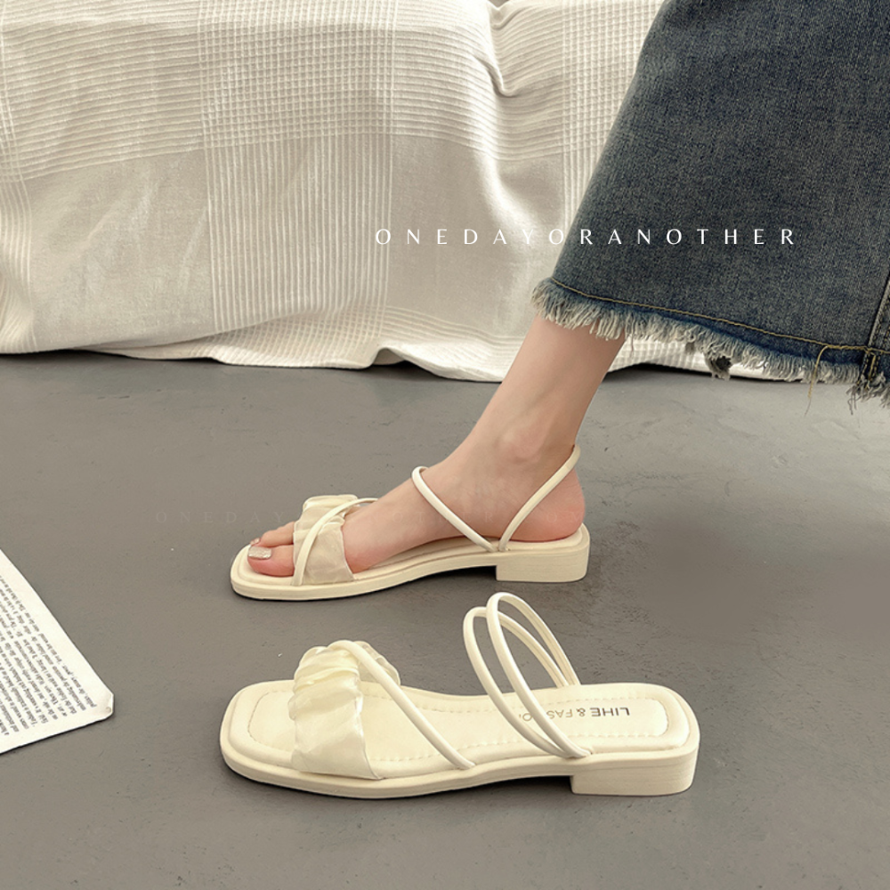 兩穿抓皺雲朵涼拖鞋細帶涼鞋 平底涼鞋  一字涼鞋 軟底涼鞋 皮革線條細帶繞踝 平底軟底 涼鞋 涼拖鞋 D331-細節圖4