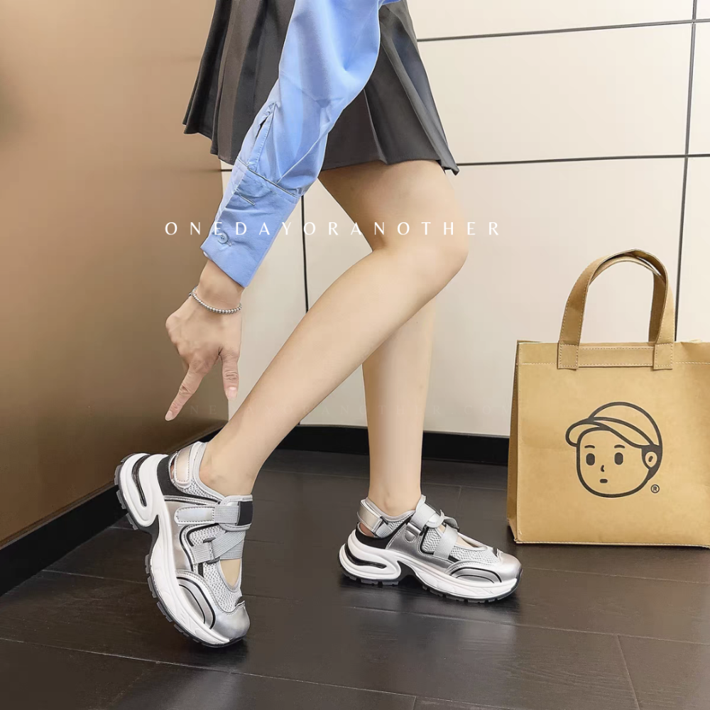 運動透氣網布拼接魔鬼氈厚底包鞋 鏤空洞洞鞋 韓版ins 運動涼鞋 厚底休閒鞋 小白鞋 厚底鞋 增高鞋 老爹鞋 HB221-細節圖5