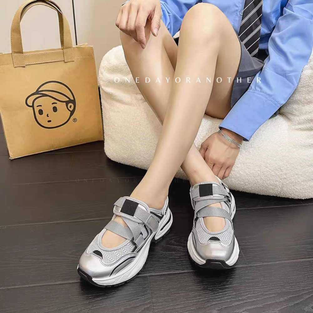 運動透氣網布拼接魔鬼氈厚底包鞋 鏤空洞洞鞋 韓版ins 運動涼鞋 厚底休閒鞋 小白鞋 厚底鞋 增高鞋 老爹鞋 HB221-細節圖6