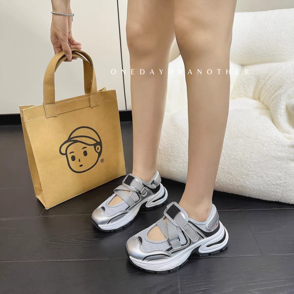 運動透氣網布拼接魔鬼氈厚底包鞋 鏤空洞洞鞋 韓版ins 運動涼鞋 厚底休閒鞋 小白鞋 厚底鞋 增高鞋 老爹鞋 HB221-細節圖7