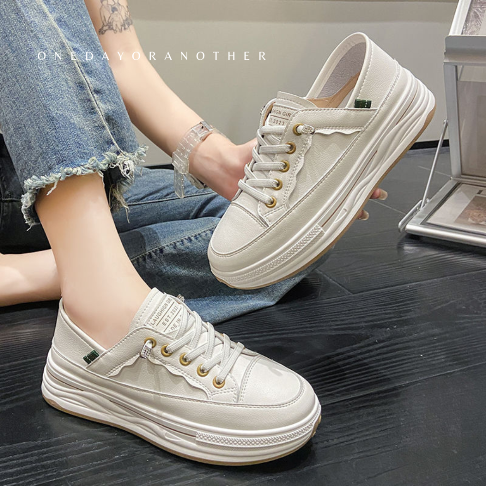 防潑水免綁帶厚底小白鞋 超纖皮革 超柔軟超好穿 舒適透氣 軟皮小白鞋 休閒鞋 平底鞋 白布鞋 懶人鞋AC216-細節圖2