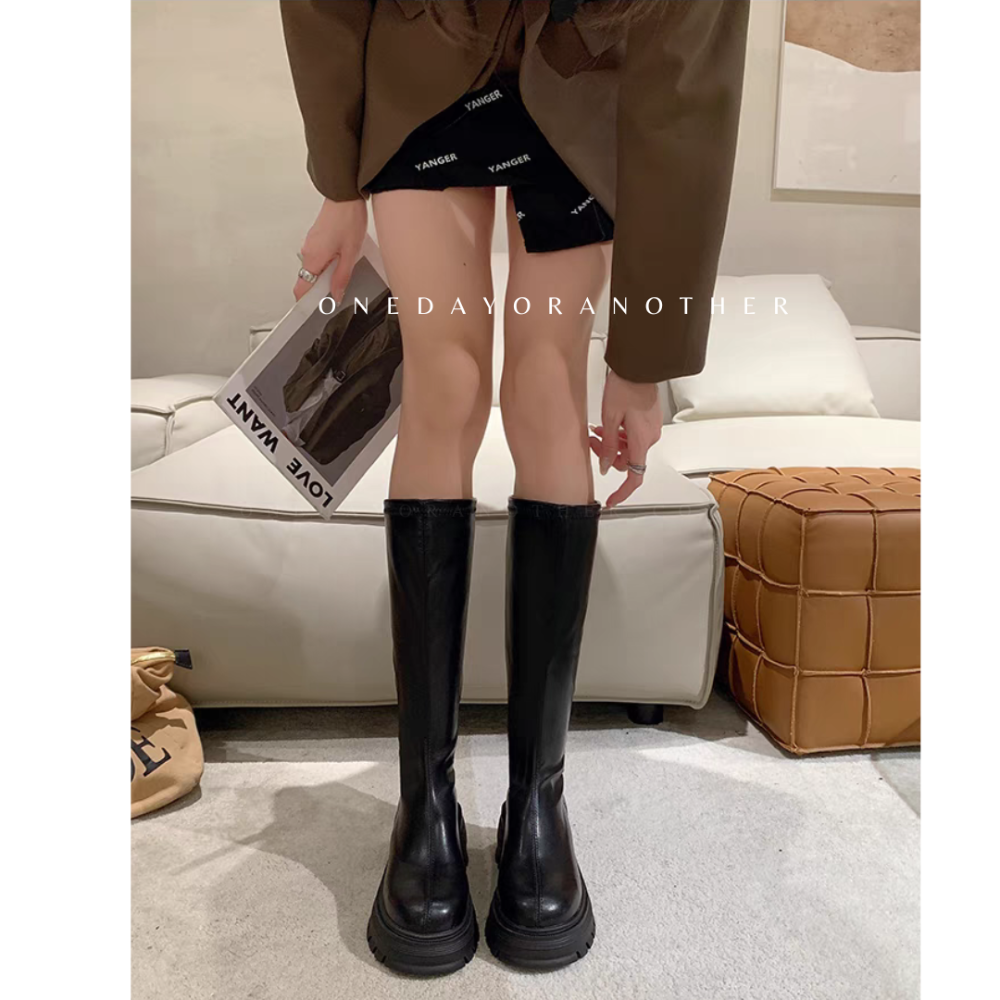 韓版素面皮革後拉鍊粗跟長靴 圓頭靴 中跟 短靴 長靴 高筒靴 中筒靴 皮靴 騎士靴 切爾西靴 厚底靴 膝下靴 D7189-細節圖6