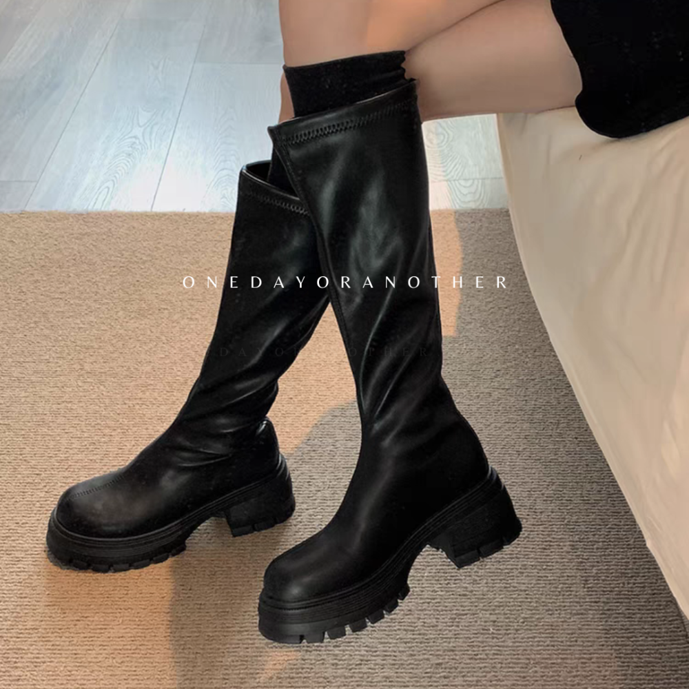韓版素面皮革後拉鍊粗跟長靴 圓頭靴 中跟 短靴 長靴 高筒靴 中筒靴 皮靴 騎士靴 切爾西靴 厚底靴 膝下靴 D7189-細節圖7