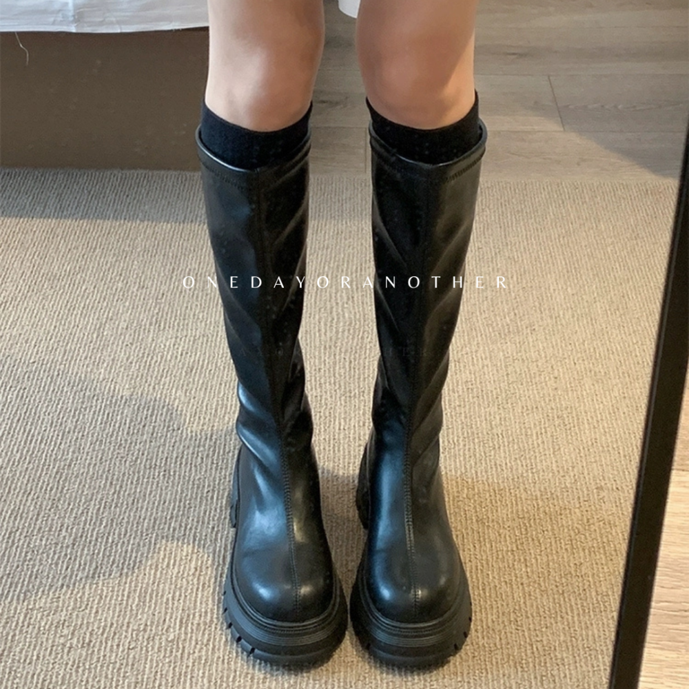 韓版素面皮革後拉鍊粗跟長靴 圓頭靴 中跟 短靴 長靴 高筒靴 中筒靴 皮靴 騎士靴 切爾西靴 厚底靴 膝下靴 D7189-細節圖8