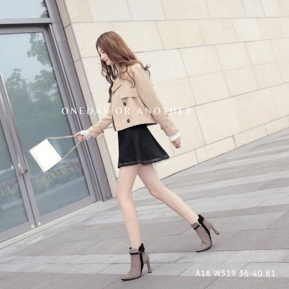 低調質感絨面釦環粗跟短靴 拼接拼色 高跟 側拉鍊 短筒靴 高跟短靴 馬丁靴 秋冬必備 歐美時尚 踝靴 韓妞韓版 W319-細節圖2