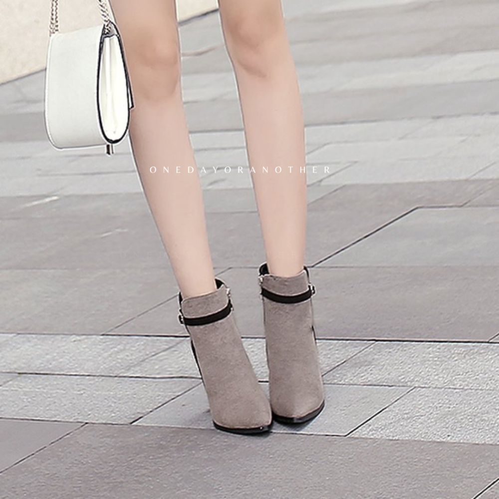 低調質感絨面釦環粗跟短靴 拼接拼色 高跟 側拉鍊 短筒靴 高跟短靴 馬丁靴 秋冬必備 歐美時尚 踝靴 韓妞韓版 W319-細節圖4