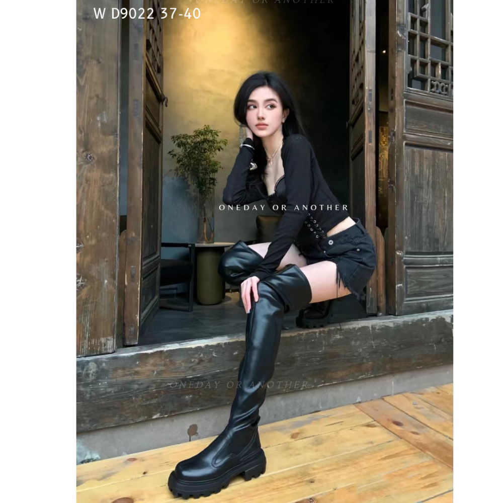 顯瘦貼腿皮革側拉鍊粗跟過膝長靴 歐美切爾西過膝靴長靴高筒靴 方頭粗高跟長筒靴 小個子厚底騎士靴 膝上靴 瘦瘦靴D9022-細節圖2