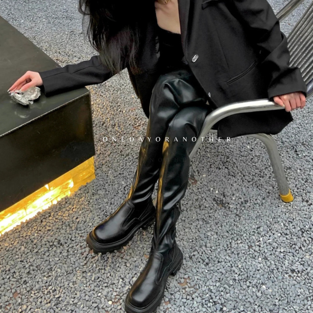 顯瘦貼腿皮革側拉鍊粗跟過膝長靴 歐美切爾西過膝靴長靴高筒靴 方頭粗高跟長筒靴 小個子厚底騎士靴 膝上靴 瘦瘦靴D9022-細節圖3