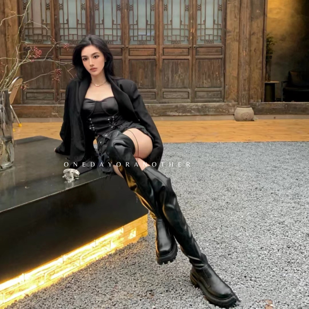 顯瘦貼腿皮革側拉鍊粗跟過膝長靴 歐美切爾西過膝靴長靴高筒靴 方頭粗高跟長筒靴 小個子厚底騎士靴 膝上靴 瘦瘦靴D9022-細節圖4