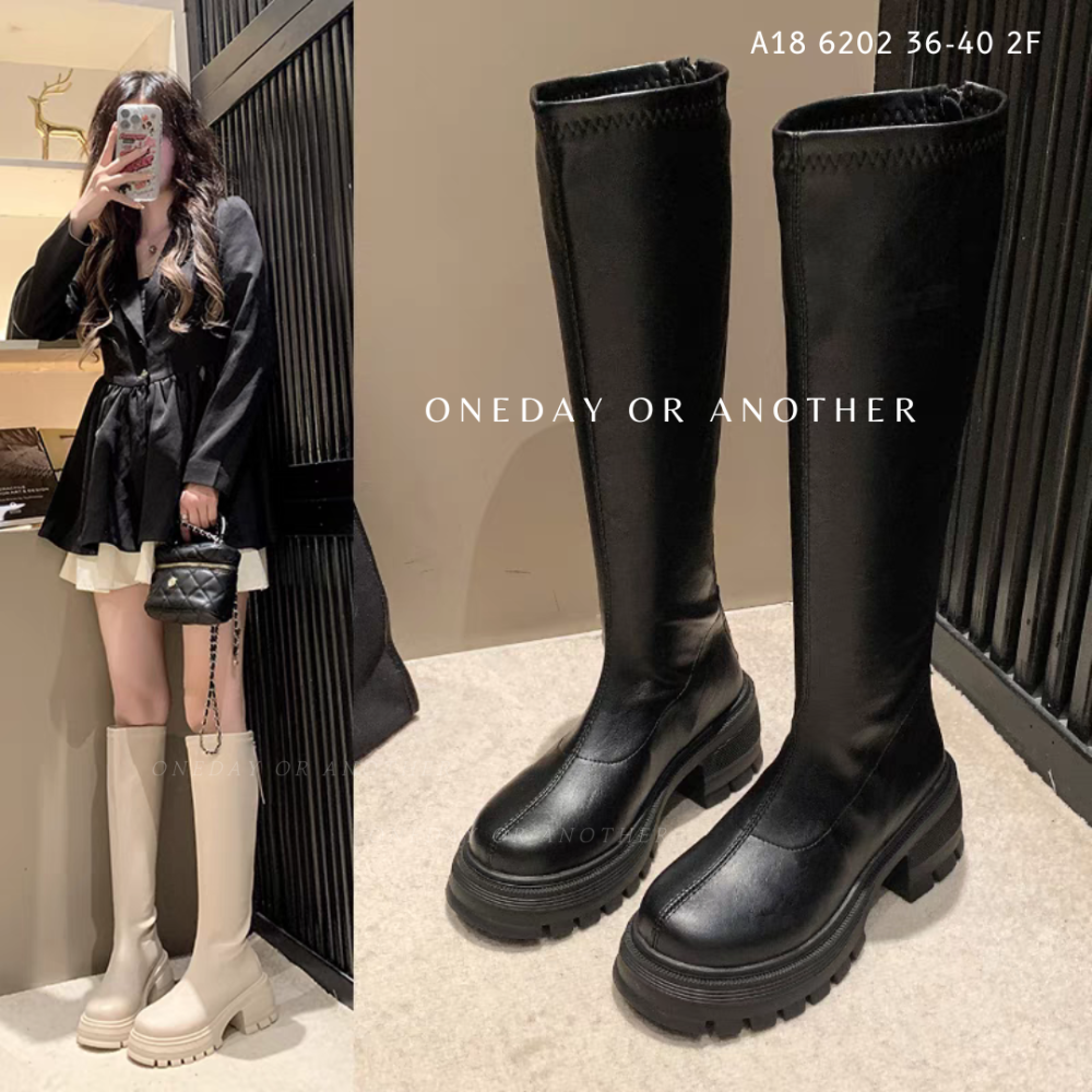 素面皮革後拉鍊厚底長靴 不過膝長靴 女靴 粗跟靴 韓版騎士靴 厚底靴 切爾西靴 靴子 長筒靴 騎士靴 瘦瘦靴 6202-細節圖2