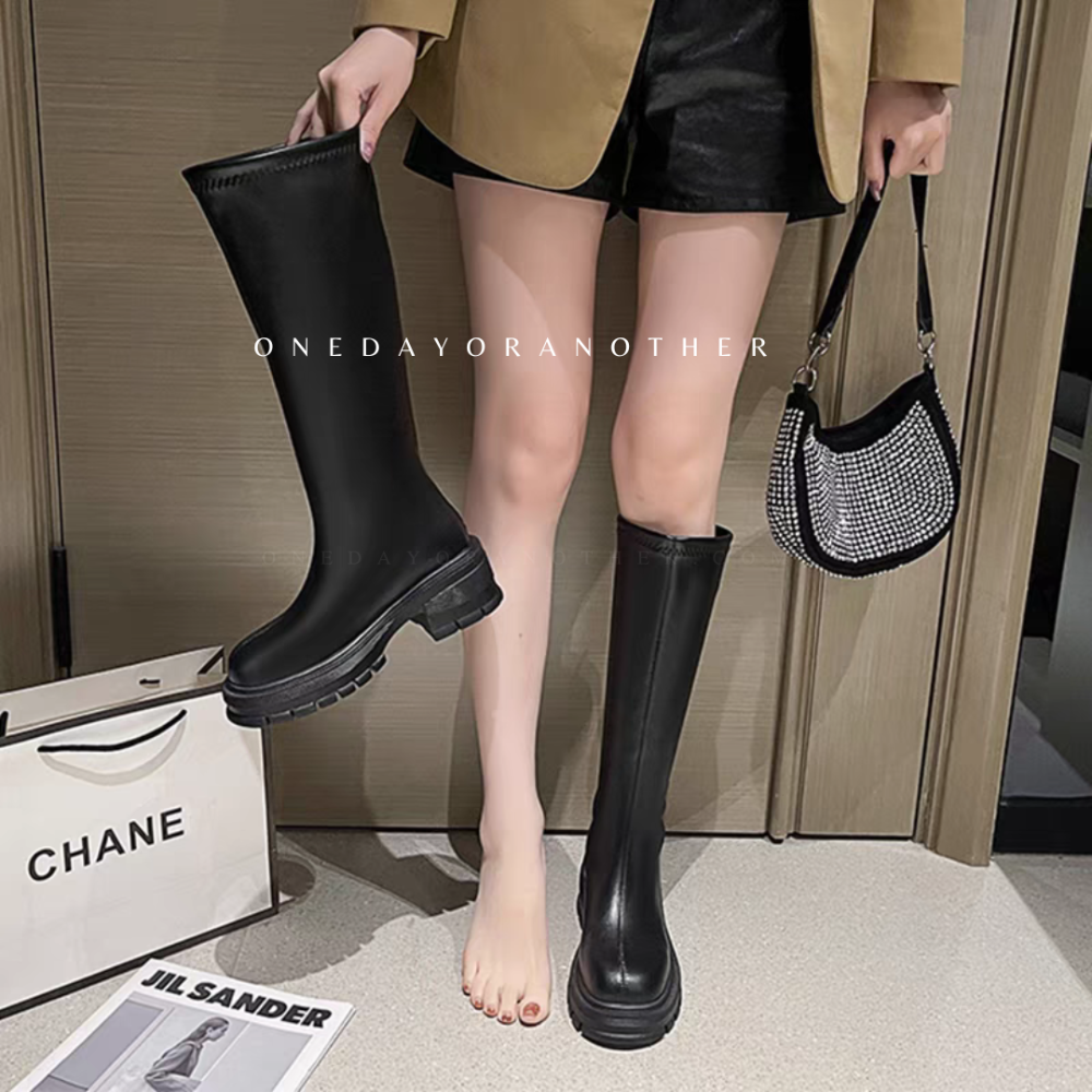 素面皮革後拉鍊厚底長靴 不過膝長靴 女靴 粗跟靴 韓版騎士靴 厚底靴 切爾西靴 靴子 長筒靴 騎士靴 瘦瘦靴 6202-細節圖4