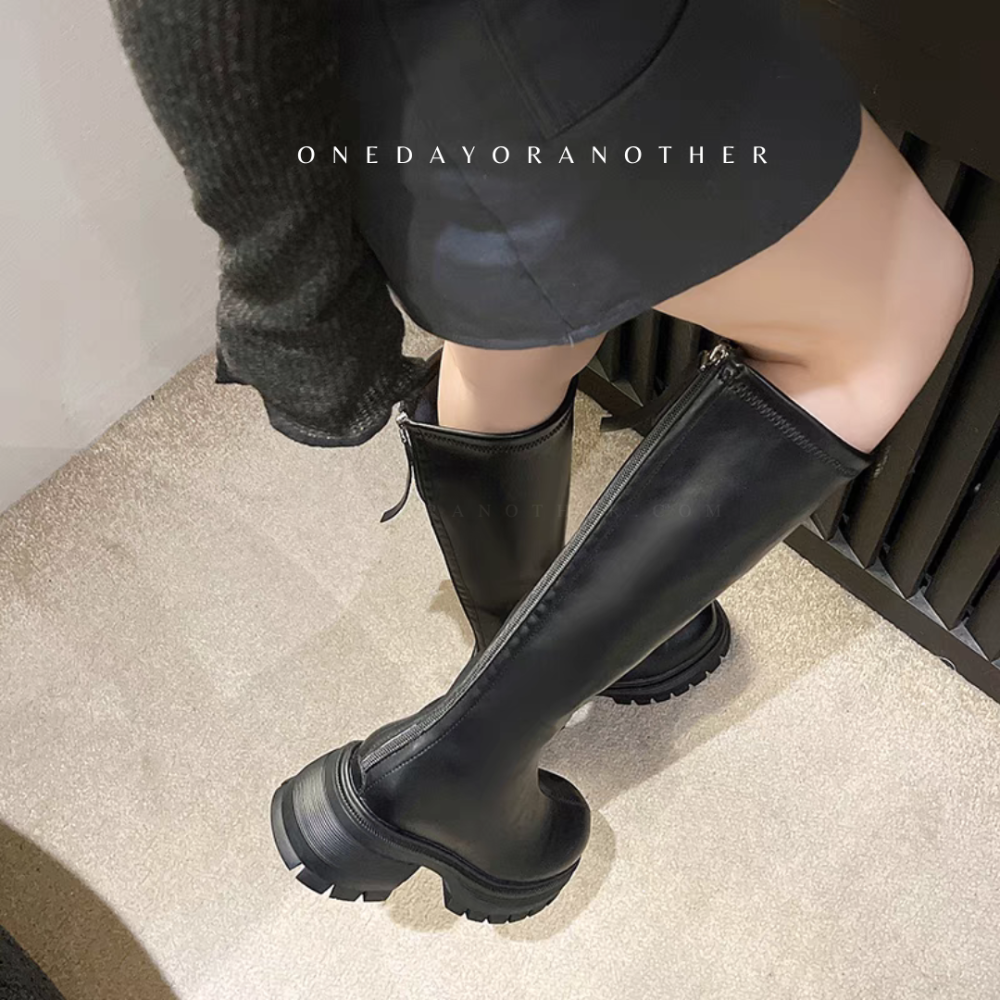 素面皮革後拉鍊厚底長靴 不過膝長靴 女靴 粗跟靴 韓版騎士靴 厚底靴 切爾西靴 靴子 長筒靴 騎士靴 瘦瘦靴 6202-細節圖5
