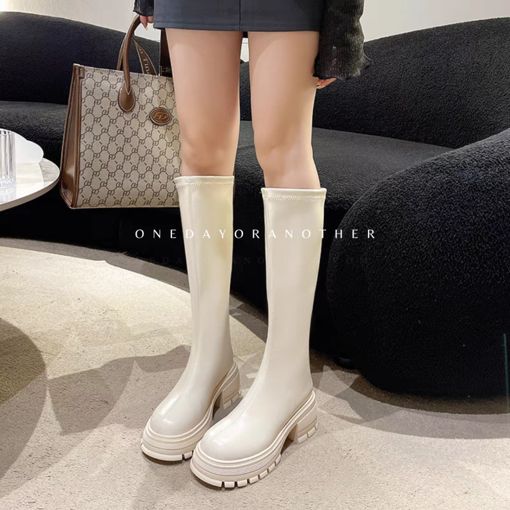 素面皮革後拉鍊厚底長靴 不過膝長靴 女靴 粗跟靴 韓版騎士靴 厚底靴 切爾西靴 靴子 長筒靴 騎士靴 瘦瘦靴 6202-細節圖6