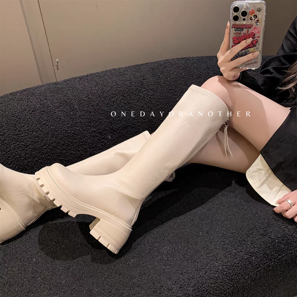 素面皮革後拉鍊厚底長靴 不過膝長靴 女靴 粗跟靴 韓版騎士靴 厚底靴 切爾西靴 靴子 長筒靴 騎士靴 瘦瘦靴 6202-細節圖8