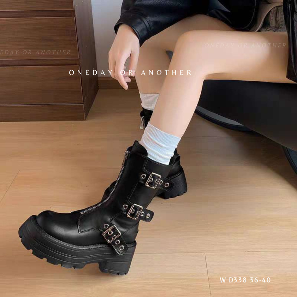 率性皮革側金屬釦拉鍊粗跟靴 中筒靴 短靴 短筒學 軍靴 戰鬥靴 厚底靴 增高靴 拉鍊靴 低筒靴 D338-細節圖2