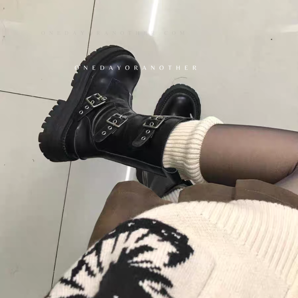 率性皮革側金屬釦拉鍊粗跟靴 中筒靴 短靴 短筒學 軍靴 戰鬥靴 厚底靴 增高靴 拉鍊靴 低筒靴 D338-細節圖6