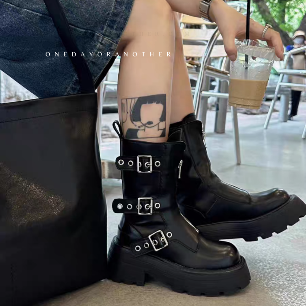 率性皮革側金屬釦拉鍊粗跟靴 中筒靴 短靴 短筒學 軍靴 戰鬥靴 厚底靴 增高靴 拉鍊靴 低筒靴 D338-細節圖8