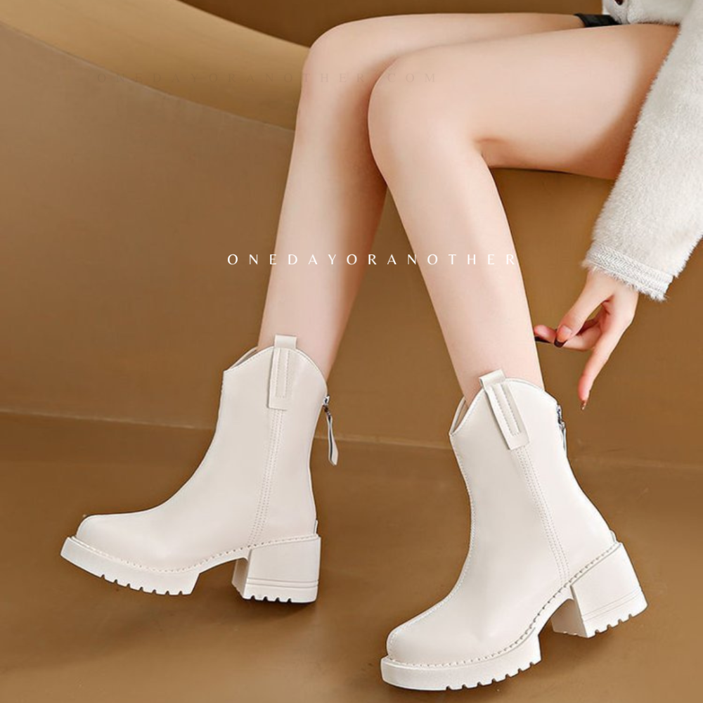 素面V口中筒馬丁靴 厚底粗跟短靴 厚底短靴 踝靴 韓版靴 瘦瘦靴 切爾西靴 英倫靴 硬挺皮 後拉鍊 復古靴 D712-細節圖6