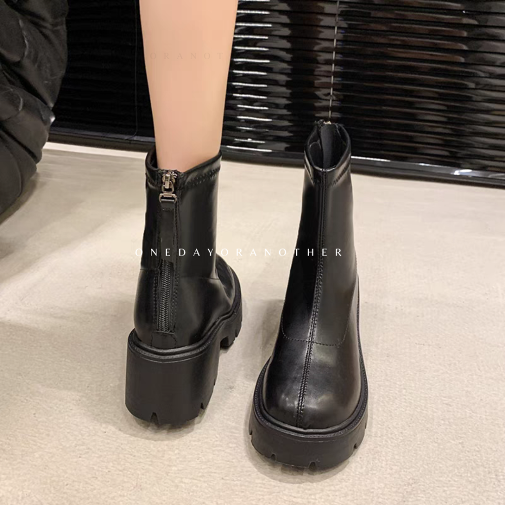 素面加厚鬆糕底瘦瘦短靴 厚底粗跟短靴 圓頭短靴 粗跟低跟靴 短靴 戰鬥靴 低筒靴 素面短筒靴 軍靴 D371-細節圖5