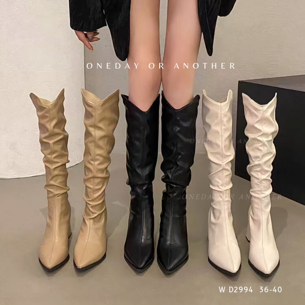 顯瘦抓皺V口尖頭粗跟長靴 尖頭皮靴 V口靴 高筒靴 長靴 靴子 膝下靴 高跟長靴 騎士靴 素面長靴 粗跟靴D2294-細節圖2