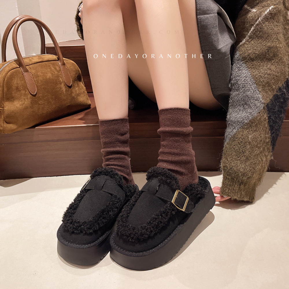 大尺碼36-42 韓國東大門 厚底勃肯毛毛拖鞋 加絨加厚包頭雪地靴 舒適保暖 毛絨拖鞋 雪靴拖鞋 外穿拖鞋 D7616-細節圖4