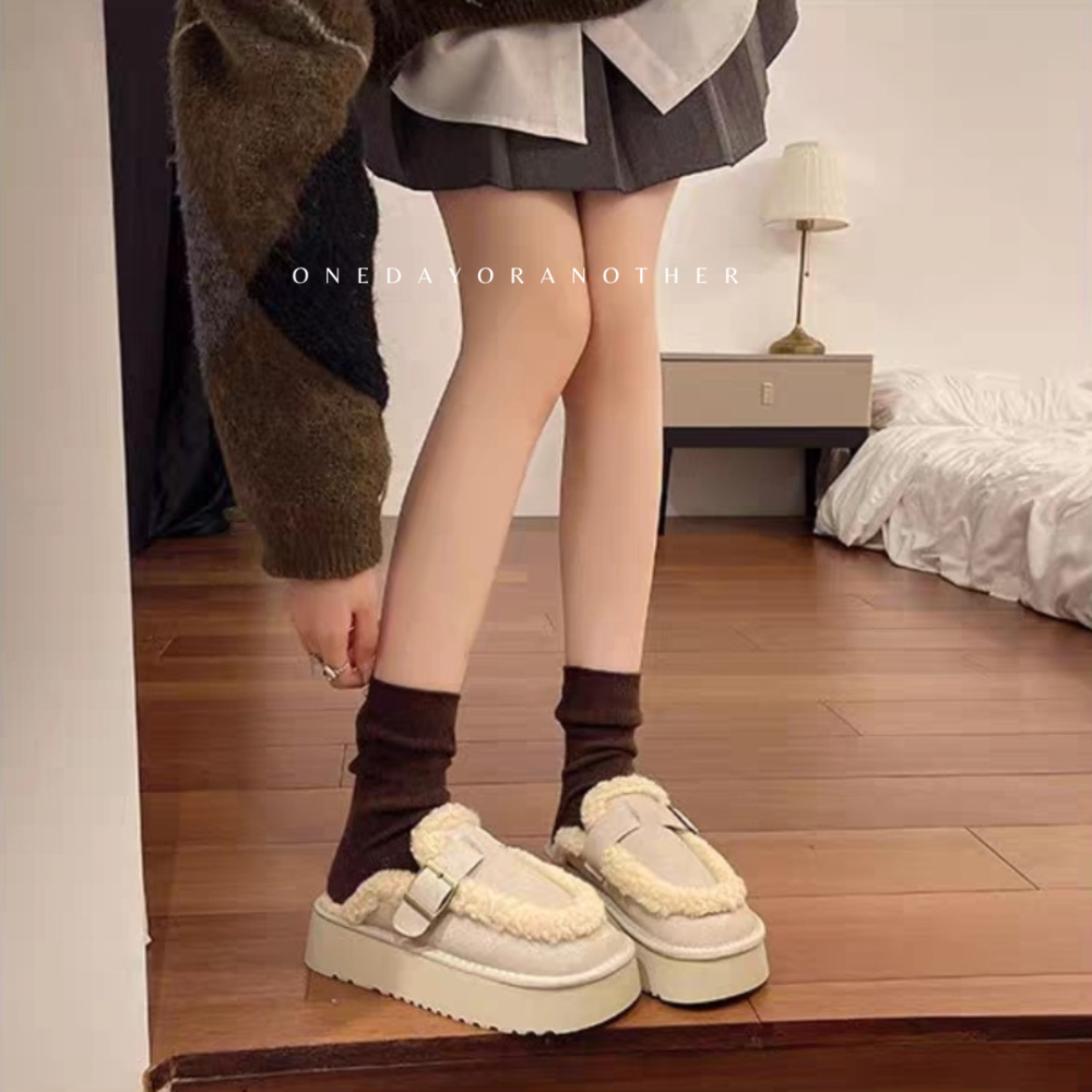 大尺碼36-42 韓國東大門 厚底勃肯毛毛拖鞋 加絨加厚包頭雪地靴 舒適保暖 毛絨拖鞋 雪靴拖鞋 外穿拖鞋 D7616-細節圖5