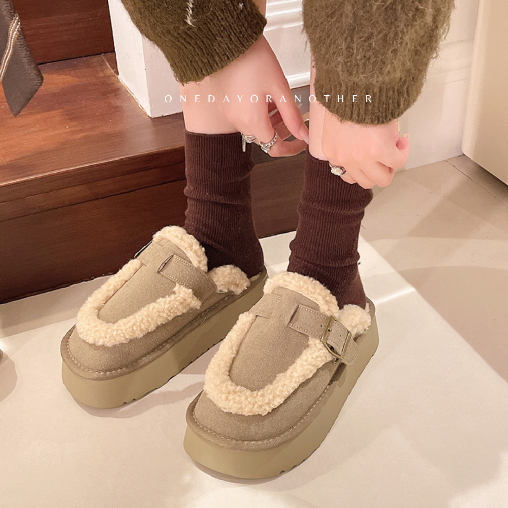 大尺碼36-42 韓國東大門 厚底勃肯毛毛拖鞋 加絨加厚包頭雪地靴 舒適保暖 毛絨拖鞋 雪靴拖鞋 外穿拖鞋 D7616-細節圖7