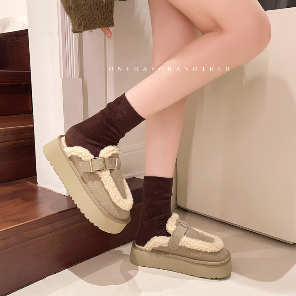 大尺碼36-42 韓國東大門 厚底勃肯毛毛拖鞋 加絨加厚包頭雪地靴 舒適保暖 毛絨拖鞋 雪靴拖鞋 外穿拖鞋 D7616-細節圖8