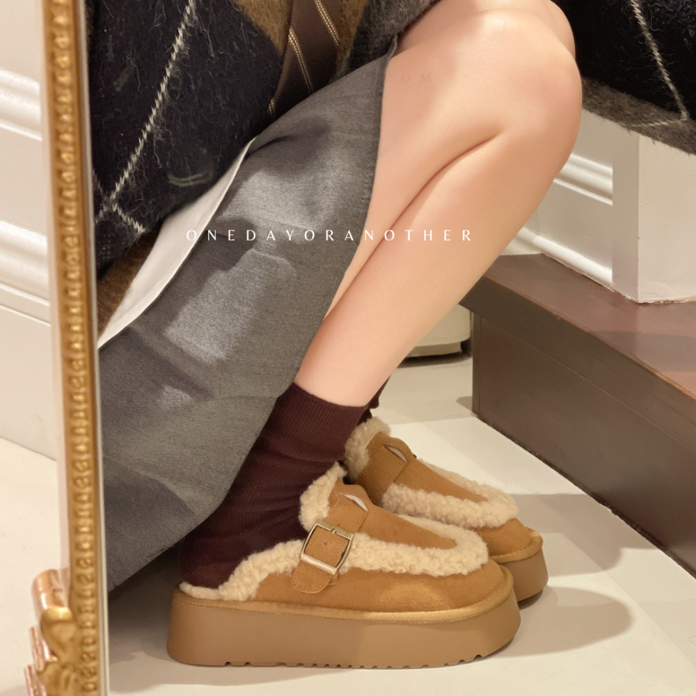 大尺碼36-42 韓國東大門 厚底勃肯毛毛拖鞋 加絨加厚包頭雪地靴 舒適保暖 毛絨拖鞋 雪靴拖鞋 外穿拖鞋 D7616-細節圖9