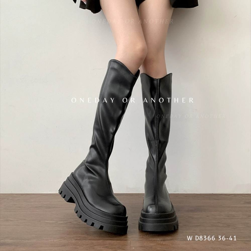 大尺碼 顯瘦V口厚底長靴 皮面V字長靴 V口靴 鬆糕 後拉鍊長靴 低跟靴子 長靴 女鞋 靴子 高筒靴 粗跟靴 D8366-細節圖2
