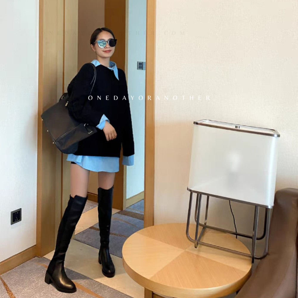 黃金比例拼接膝上長靴 麂皮皮革 長筒靴 過膝靴 過膝長靴 高跟長靴 長筒靴 包肉神奇 靴子 不掉筒過膝長靴 D1724-細節圖3