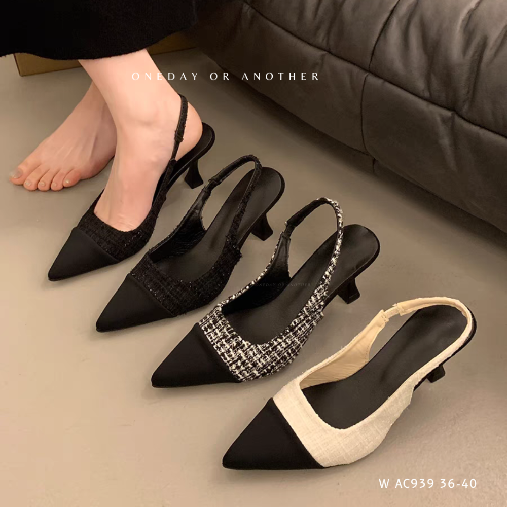 小香風毛呢拼接高跟涼鞋 尖頭高跟 後帶涼鞋 尖頭前包後空涼鞋 尖頭跟鞋 高跟鞋 涼鞋 瑪麗珍鞋一字扣涼鞋 AC939-細節圖2