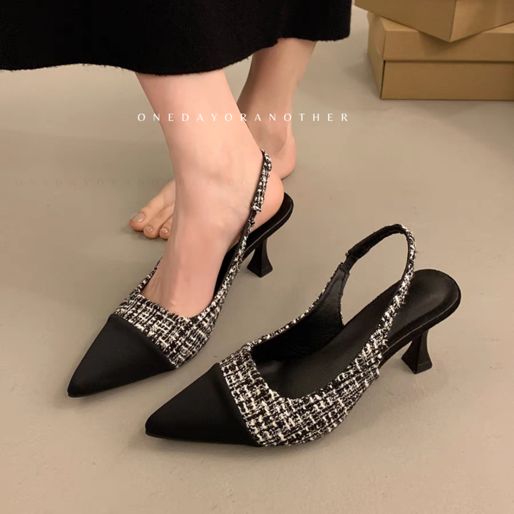 小香風毛呢拼接高跟涼鞋 尖頭高跟 後帶涼鞋 尖頭前包後空涼鞋 尖頭跟鞋 高跟鞋 涼鞋 瑪麗珍鞋一字扣涼鞋 AC939-細節圖4