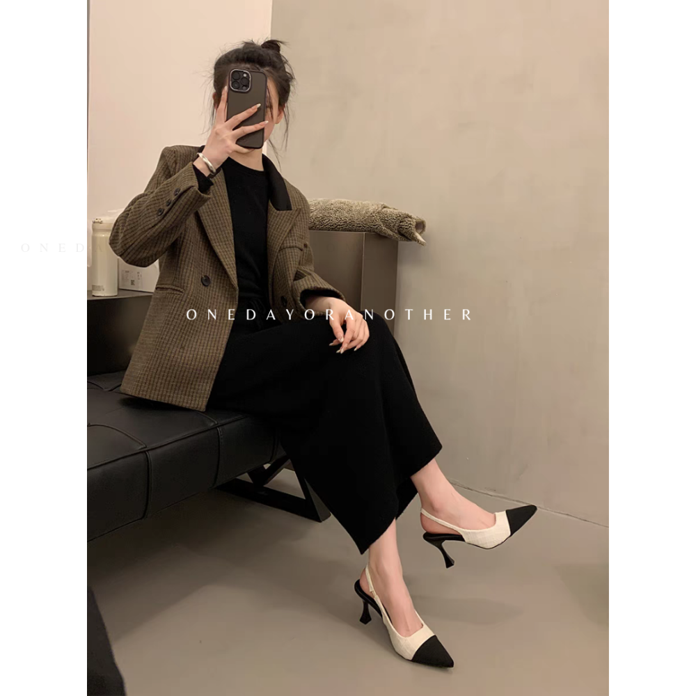 小香風毛呢拼接高跟涼鞋 尖頭高跟 後帶涼鞋 尖頭前包後空涼鞋 尖頭跟鞋 高跟鞋 涼鞋 瑪麗珍鞋一字扣涼鞋 AC939-細節圖6