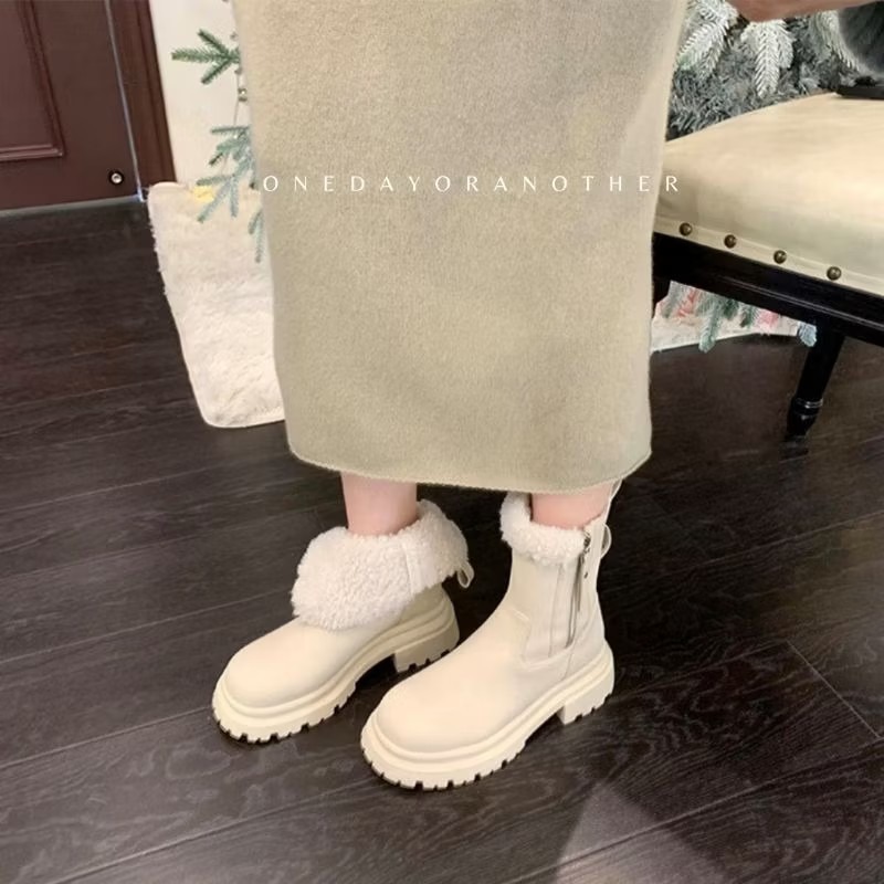 韓版QQ毛防潑水側拉鍊短靴 內刷毛羊羔毛 舒適保暖 雪地靴 防水靴 粗跟靴 厚底靴 英倫靴 瘦瘦靴 馬丁靴 煙筒靴327-細節圖4