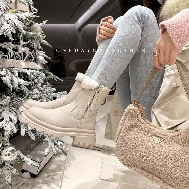 韓版QQ毛防潑水側拉鍊短靴 內刷毛羊羔毛 舒適保暖 雪地靴 防水靴 粗跟靴 厚底靴 英倫靴 瘦瘦靴 馬丁靴 煙筒靴327-細節圖6