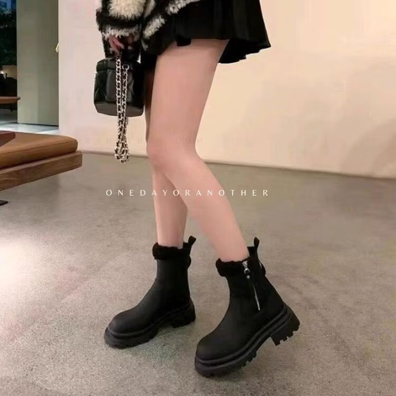 韓版QQ毛防潑水側拉鍊短靴 內刷毛羊羔毛 舒適保暖 雪地靴 防水靴 粗跟靴 厚底靴 英倫靴 瘦瘦靴 馬丁靴 煙筒靴327-細節圖9