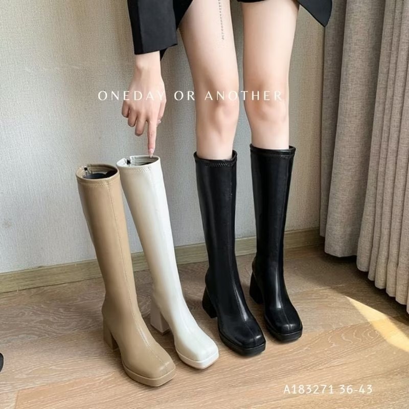 大尺碼36-43 韓版素面皮革後拉鍊防水台粗跟長靴 粗跟長靴 厚底長靴 膝下靴 方頭長靴 靴子 女生靴子 3271-細節圖2