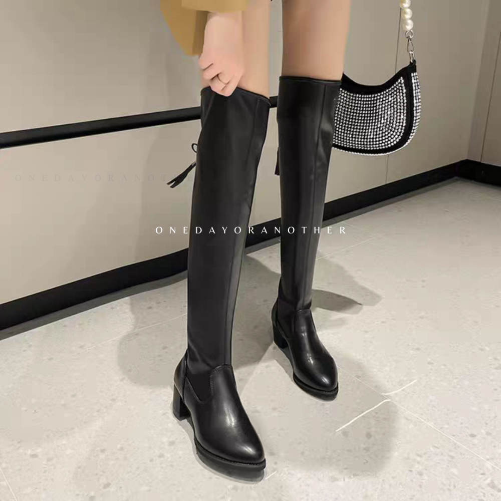 韓國顯瘦流蘇圓頭過膝靴 高筒靴 瘦瘦靴 彈力過膝靴 粗跟方頭靴 騎士靴 高跟長筒靴 中跟長靴 過膝長靴 AC518-細節圖3