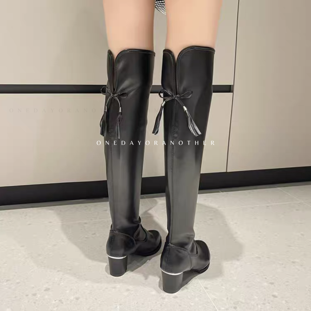 韓國顯瘦流蘇圓頭過膝靴 高筒靴 瘦瘦靴 彈力過膝靴 粗跟方頭靴 騎士靴 高跟長筒靴 中跟長靴 過膝長靴 AC518-細節圖5