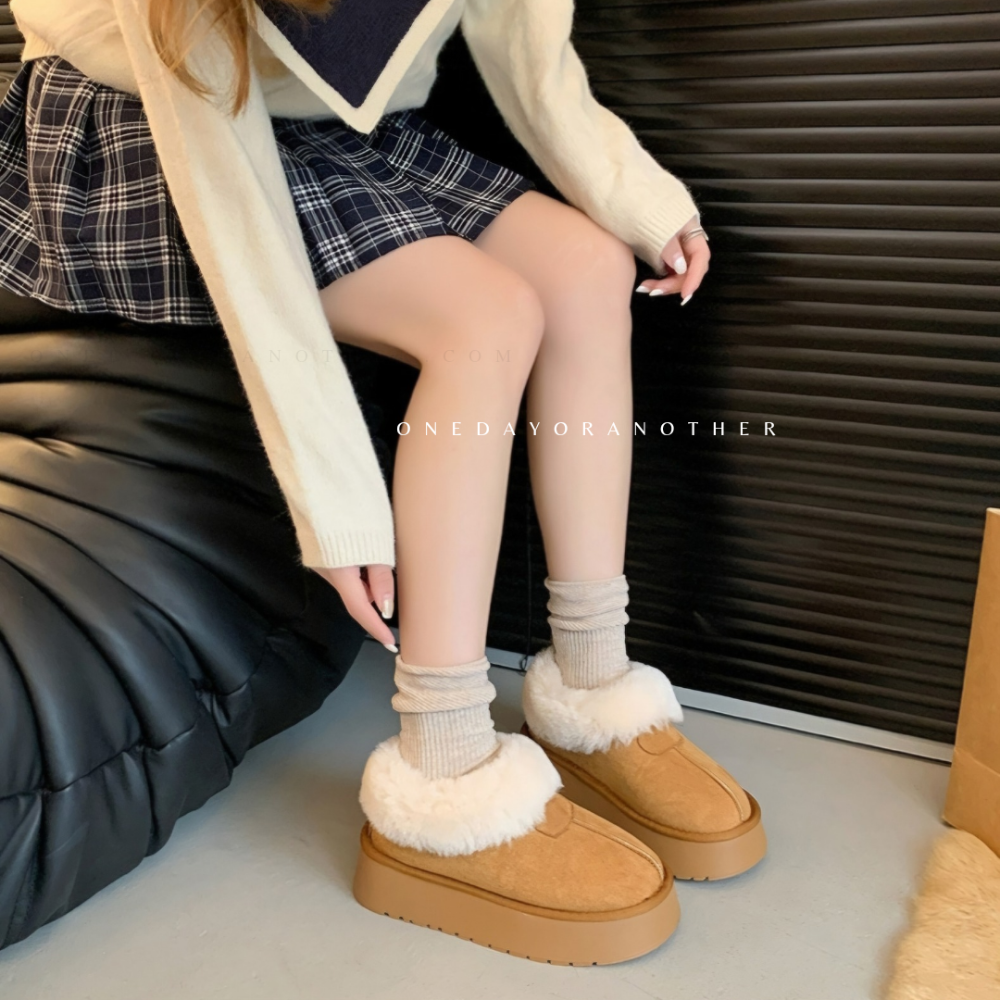 韓國東大門 可愛麂皮毛毛圓頭雪靴 舒適保暖雪靴 厚底毛毛雪靴 內刷毛羊羔毛 雪地靴 增高 厚底 短筒 保暖靴 9901-細節圖8