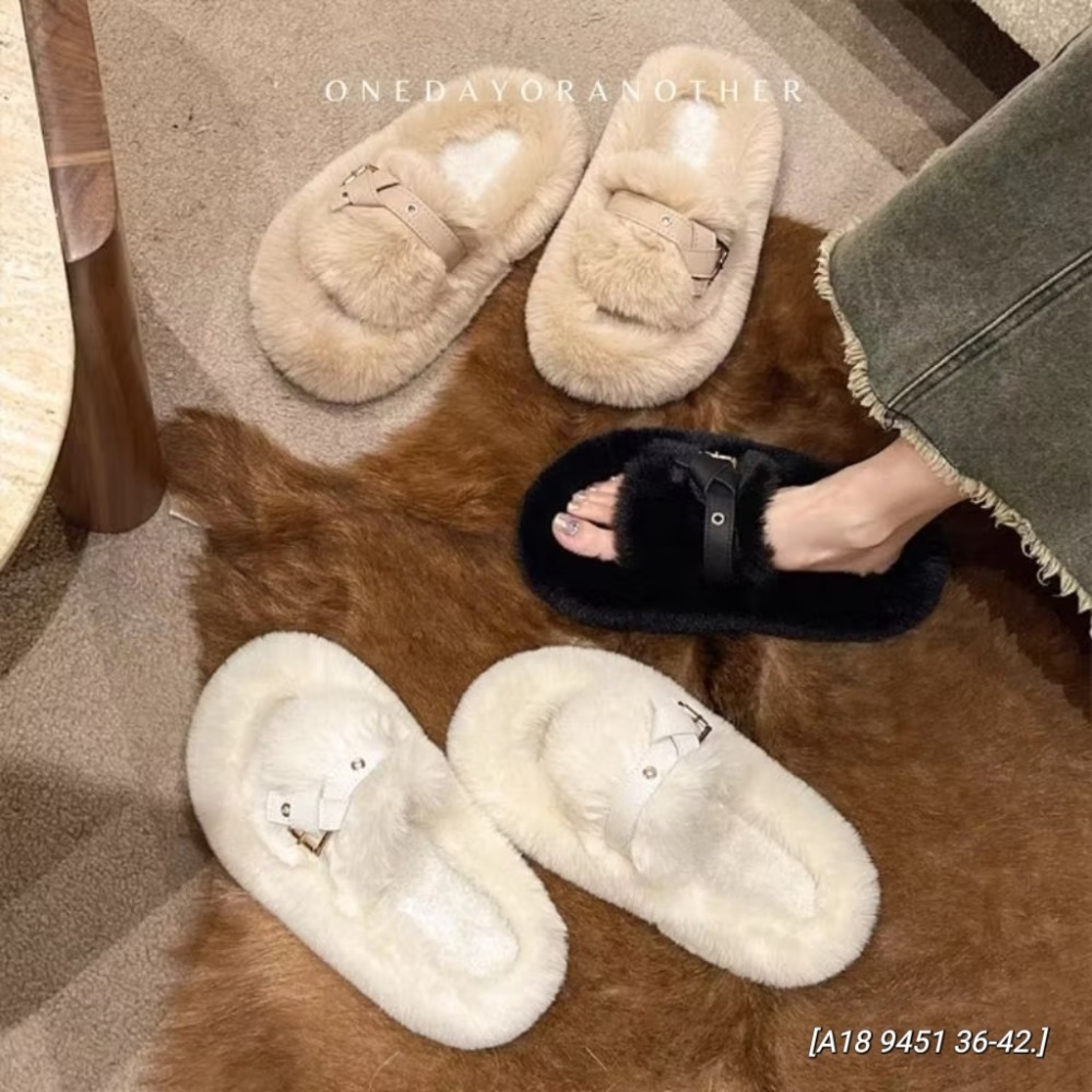 大尺碼36-42 厚底毛毛拖鞋 一字帶 寬版 扭結扣環 舒適保暖拖鞋 室內拖鞋 外穿拖鞋 居家拖鞋 厚底拖鞋9451-細節圖2