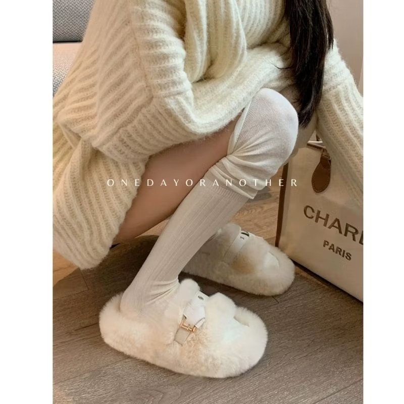 大尺碼36-42 厚底毛毛拖鞋 一字帶 寬版 扭結扣環 舒適保暖拖鞋 室內拖鞋 外穿拖鞋 居家拖鞋 厚底拖鞋9451-細節圖4