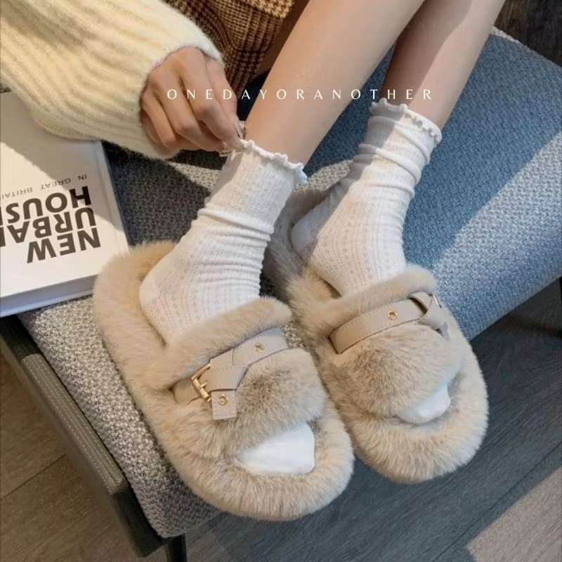 大尺碼36-42 厚底毛毛拖鞋 一字帶 寬版 扭結扣環 舒適保暖拖鞋 室內拖鞋 外穿拖鞋 居家拖鞋 厚底拖鞋9451-細節圖5