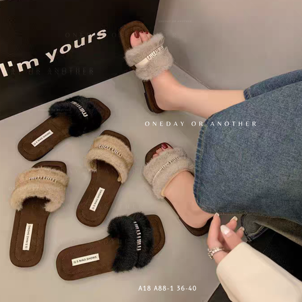 法式小香風涼拖鞋 水鑽一字拖鞋 韓版拖鞋 韓版毛呢拖鞋 顯瘦拖鞋 顯腿長 室內鞋 平底沙灘涼拖鞋 A88-1-細節圖2