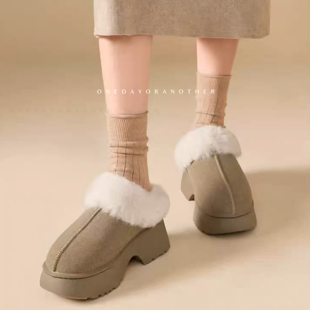 韓國東大門 人魚坡跟厚底雪靴拖鞋 毛絨拖鞋 厚底拖鞋 毛絨拖鞋 雪靴拖鞋 內刷毛 羊羔毛 半拖 保暖拖鞋 羔毛拖1105-細節圖3