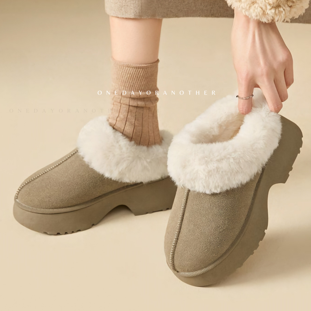 韓國東大門 人魚坡跟厚底雪靴拖鞋 毛絨拖鞋 厚底拖鞋 毛絨拖鞋 雪靴拖鞋 內刷毛 羊羔毛 半拖 保暖拖鞋 羔毛拖1105-細節圖4