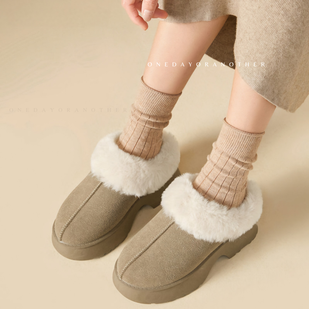 韓國東大門 人魚坡跟厚底雪靴拖鞋 毛絨拖鞋 厚底拖鞋 毛絨拖鞋 雪靴拖鞋 內刷毛 羊羔毛 半拖 保暖拖鞋 羔毛拖1105-細節圖5