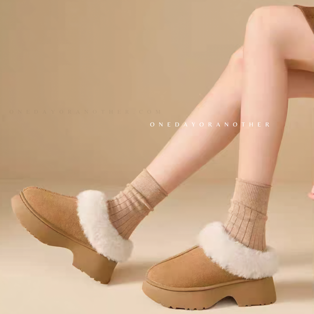 韓國東大門 人魚坡跟厚底雪靴拖鞋 毛絨拖鞋 厚底拖鞋 毛絨拖鞋 雪靴拖鞋 內刷毛 羊羔毛 半拖 保暖拖鞋 羔毛拖1105-細節圖6